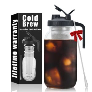 cold brew mason coffee maker 64oz iced coffee pitcher with stainless steel mixing spoon & super dense filter 3 steps finish cold brew coffee, classic bpa free sturdy mason jar pitcher easy to clean
