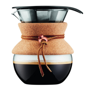 bodum 17oz pour over coffee maker, high heat borosilicate glass with reusable stainless steel filter and cork grip made in portugal